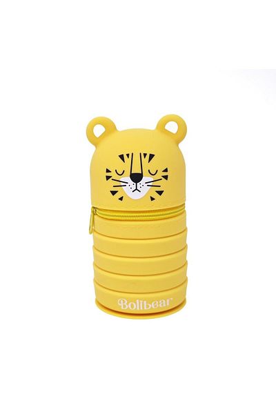 DNS Unisex school pencil case, cylindrical case, silicone, 1 zipper compartment, Yellow Bear Foldable B-2852