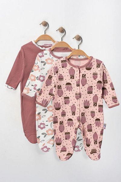 ENİA BABY Baby Girl Newborn 3-6-9 Cactus Floral Patterned 3-Piece Jumpsuit with Booties Newborn Clothes Set