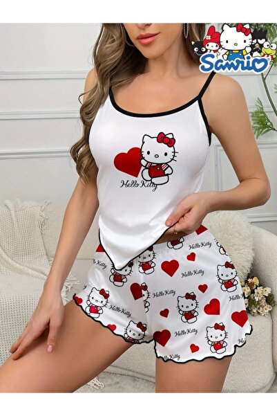 HUBANN Hello Kitty Desenli Askılı Şortlu Pijama Takımı