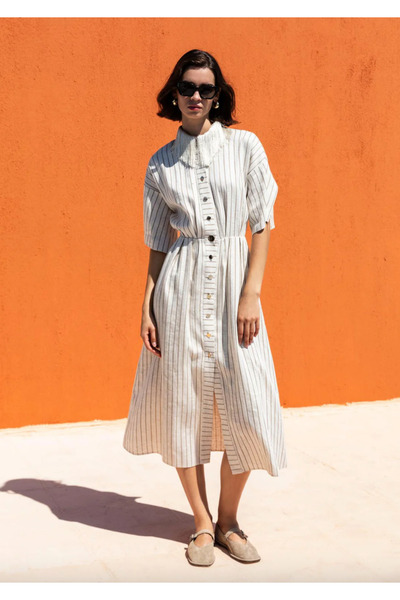 KAMEYA Striped Shirt Dress with Tassel Collar
