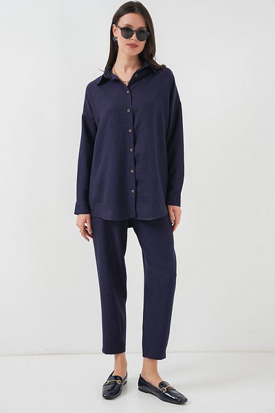 Merterium Women's Oversize Linen Double Suit Navy Blue 1092