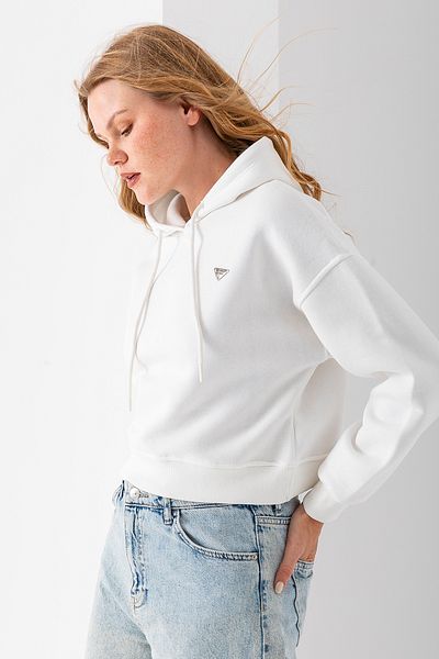 GİYSA Women's Hooded Fashion Accessory 3-Strand Crop Sweatshirt White - 2667