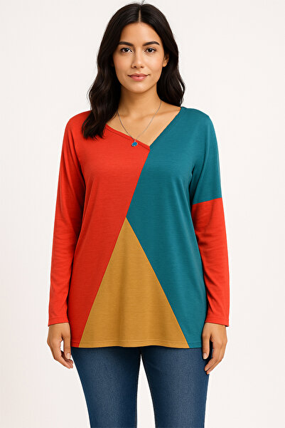 dorbe Color Blocks Pattern Long Sleeves Fashion Shirt Asymmetrical Neckline Blouse Top