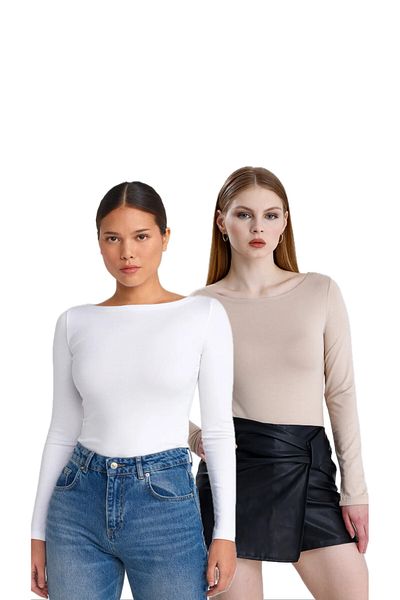Bukamiss Boat Neck Long Sleeve 2-Piece Ball-White Cream