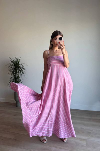 Sue Store Pink White Striped Square Neck Strap Linen Dress