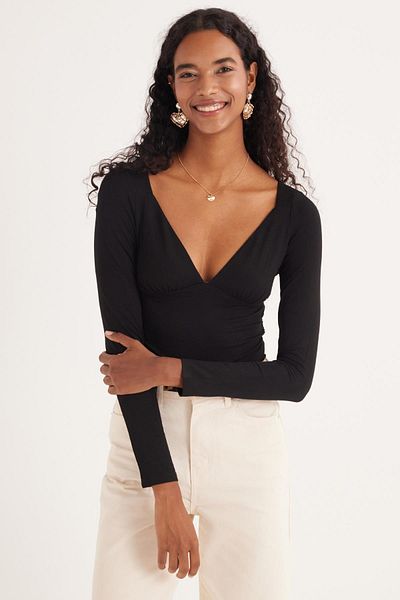 Tudors Women's Slim Fit Slim Fit Viscose Fabric V-Neck Black Body