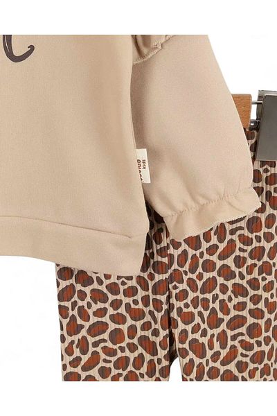 Ege Bebek Stylish Girl's Set with Leopard Patterned Ribbed Leggings and Sweatshirt with Ruffle Detail on the Shoulders