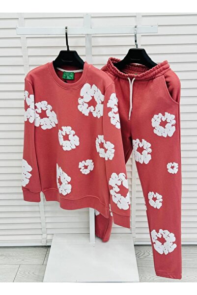 Afri Dusty Rose Color Floral Pattern Oversize 3 Thread Men's Tracksuit Set - 100% Cotton
