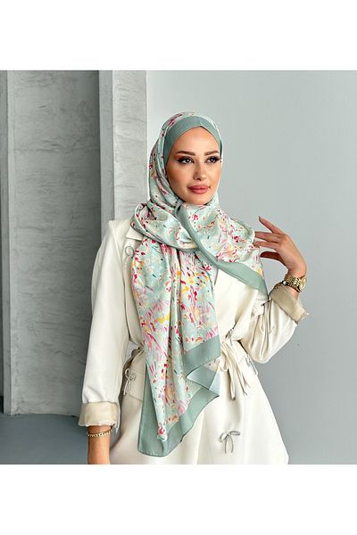 Stella Eşarp Ethnic Leopard Flower Pattern Green Color Soft Cotton Shawl