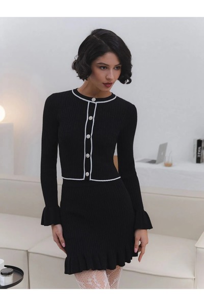 solena sln Women's New Season Spanish Sleeve Blouse Ruffled Skirt Double Knitwear Set
