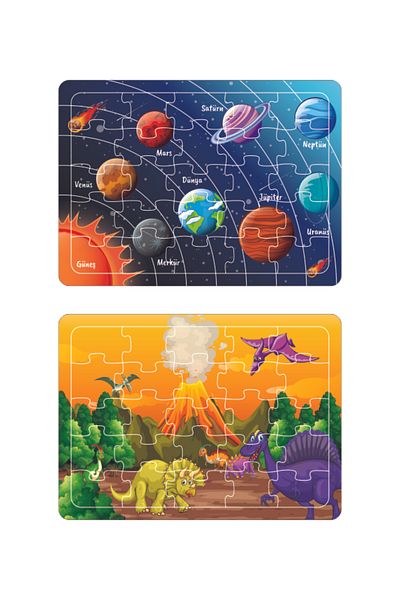 Leelii Tasarım Cute Animals, Dinosaurs, Planets, Farm 25 Piece Wooden Puzzle Jigsaw Puzzle Set of 4
