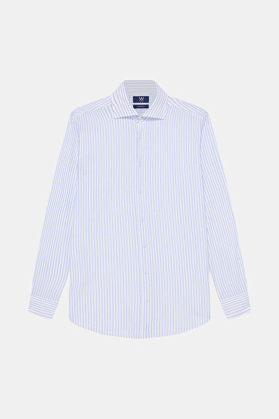 W Collection BEYAZ UZUN KOLLU ÇİZGİLİ PAMUK ELASTAN GÖMLEK