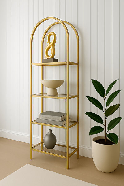 Home Estee Gold Kitaplık Dekoratif Aksesuar Rafı Mutfak Rafı Şeffaf Cam