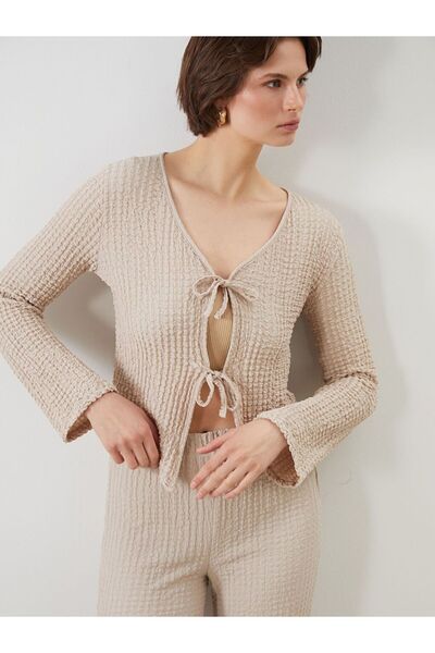 LC Waikiki Lcwaikiki Classic Gray V-Neck Textured Women's Cardigan