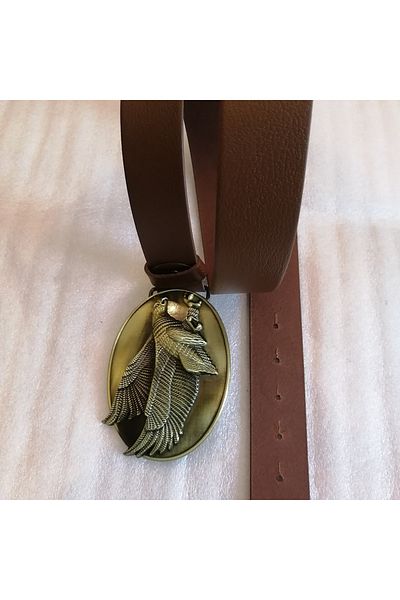 Butik Tülin Unisex Authentic Genuine Cowhide Coffee Bronze Hunted Big Eagle Cowboy Buckle Belt