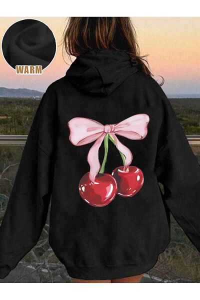 uyguntarz Unisex Ribbon Cherry Printed Oversize Sweatshirt