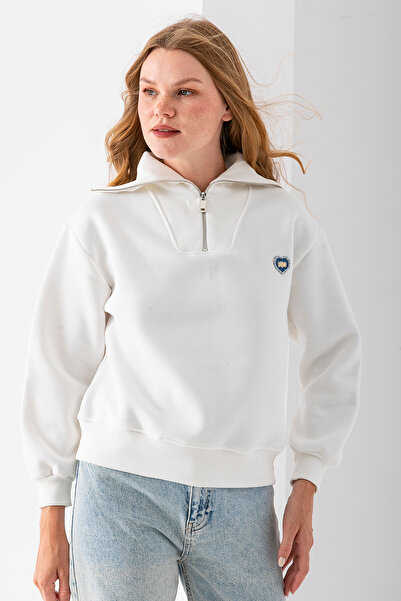 GİYSA Hanorac de damă cu jumătate de fermoar Stone Heart brodat cu 3 fire alb - 2665