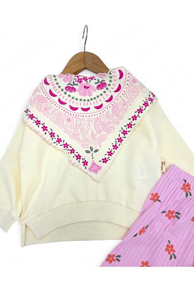 voyyo kids baby Girl's Ethnic Pattern Scarf, Wide Leg Pants 3 Piece Stylish Seasonal Bottom Top Set