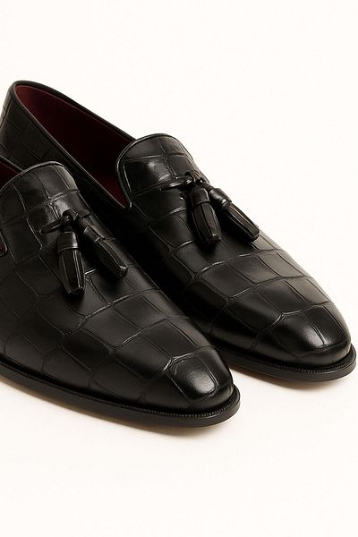 Deriderim Black Crocodile Patterned Tasseled Classic Men's Shoes