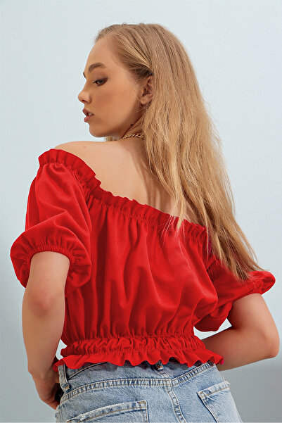 VAGGON Γυναικεία κόκκινη μπλούζα με μπαλόνι μανίκια με κορδόνια μπροστά Vs00748