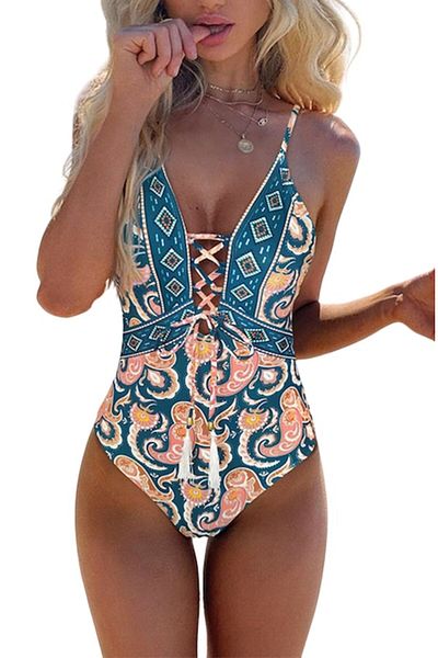 Mixbo One-piece Swimsuit, with Drawstring, Mandala Print, Mixbo, size S
