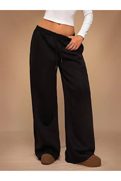 LOSSİA Γυναικείο μαύρο φαρδύ παντελόνι φόρμας μεγάλου μεγέθους, υψηλής ποιότη...