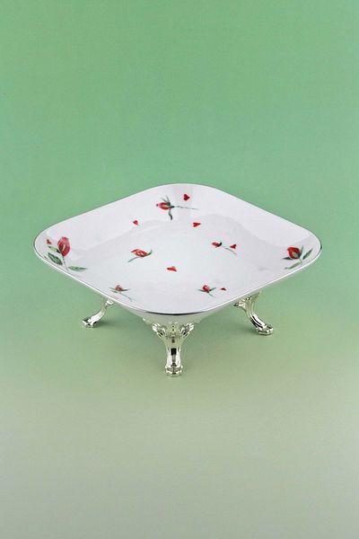 Bursa Porselen Dekor Porcelain Plate with Red Rose Metal Legs