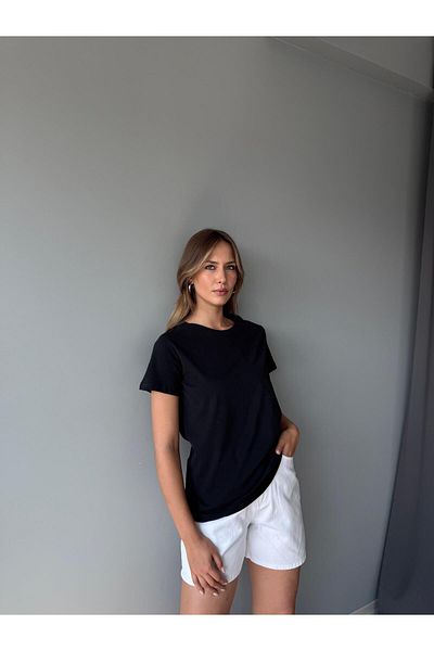 AlisaSu Black Crew Neck Combed Cotton T-Shirt