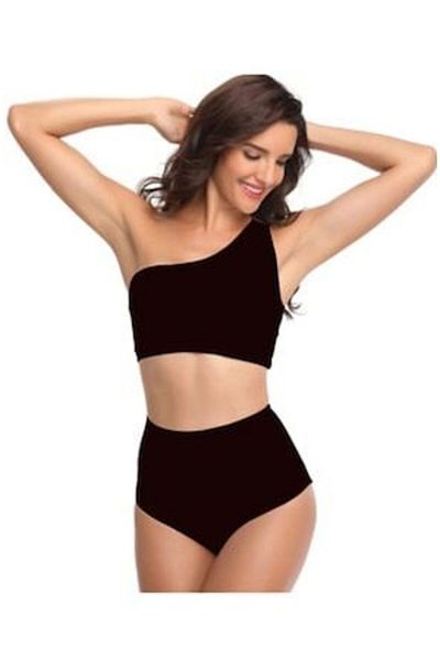 Mixbo Costum de Baie Dama Mixbo, Doua Piese pe un Umar, Chilot Inalt Negru, marime L