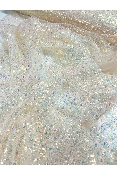 DENISA-DO Textile material Lace with beads and sequins apricot, 130 x 100 cm