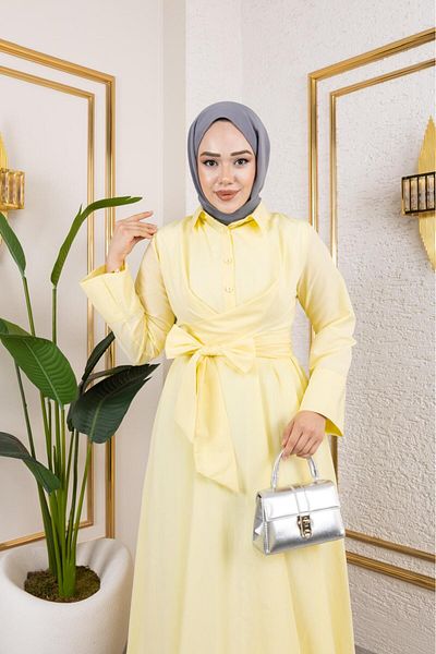 exxitcollection Women's Hijab Terikoton Lemon Fixed Belted Long Dress Outfit