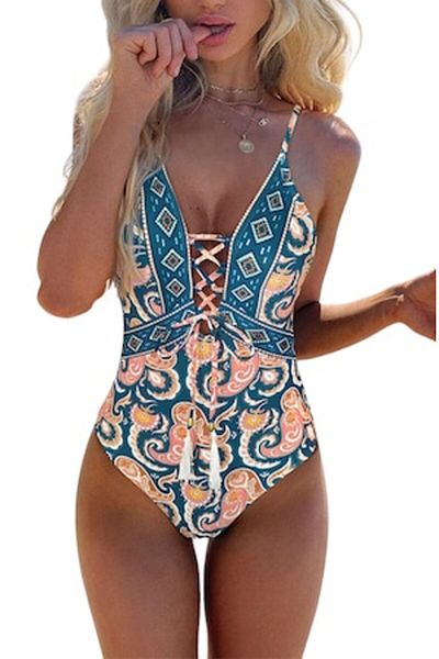 Mixbo One-piece Swimsuit, with Drawstring, Mandala Print, Mixbo, size S