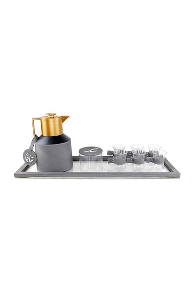 Lamsit Ibdaa Coffee Thermo Flask, Coffee and Tea Vacuum Pot, 1.0L Dallah, Grey, Tea, Rect Tray
