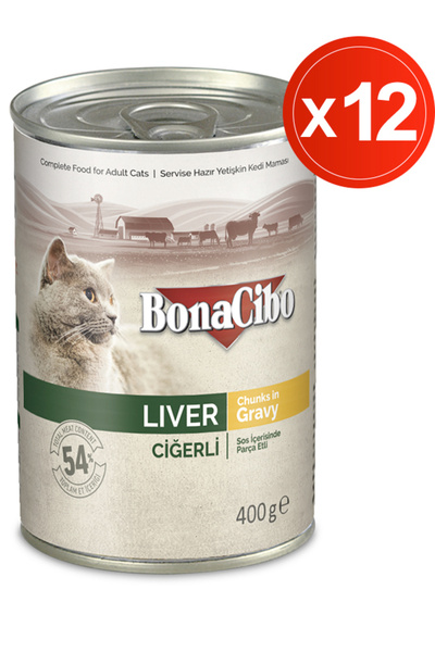 BonaCibo Soslu Ciğerli Yaş Kedi Maması, 400 Gr X 12 Adet, Tüm Irklar İçin, Şe...