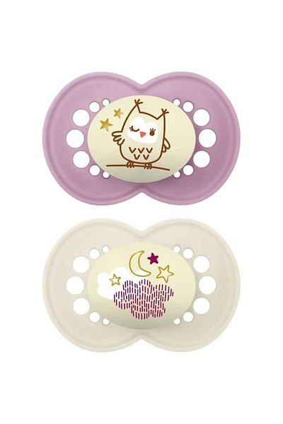 MAM Set 2 suzete ortodontice din silicon - ORIGINAL NIGHT - Strălucesc în întuneric, fără BPA, model bufniță, 1