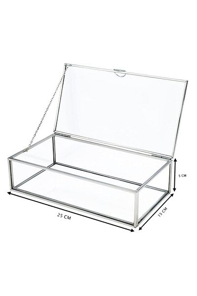 Lamsit Ibdaa Glass Keepsake Box, Rectangle, Silver, Medium (25x15x5 cm)