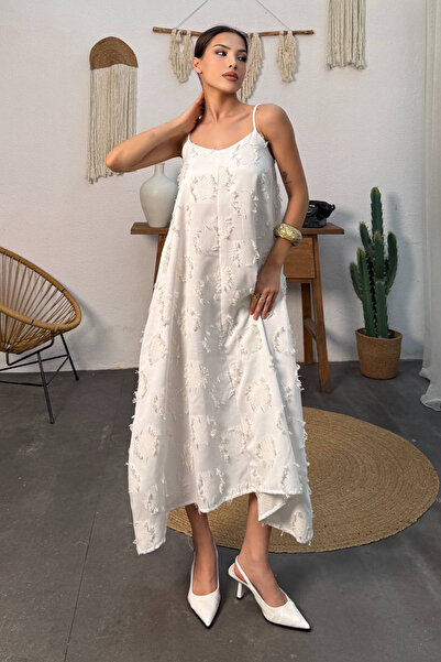 VAGGON Γυναικείο λευκό φόρεμα με λεπτές τιράντες με υφή σε γραμμή Α Vs00743