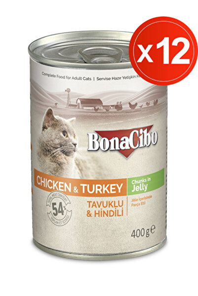 BonaCibo Jöleli Tavuk ve Hindili Yaş Kedi Maması, 400 Gr X 12 Adet, Tüm Irkla...