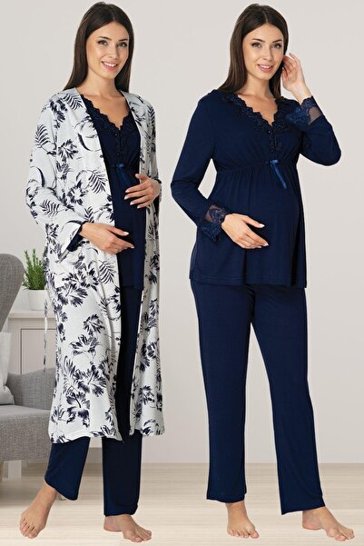 ByLohusa Тъмносиня пижама за бременни Effortt с халат