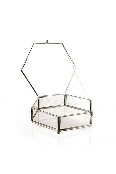 Lamsit Ibdaa Glass Keepsake Box, Hexagon, Silver, Medium (25x22x5 cm)