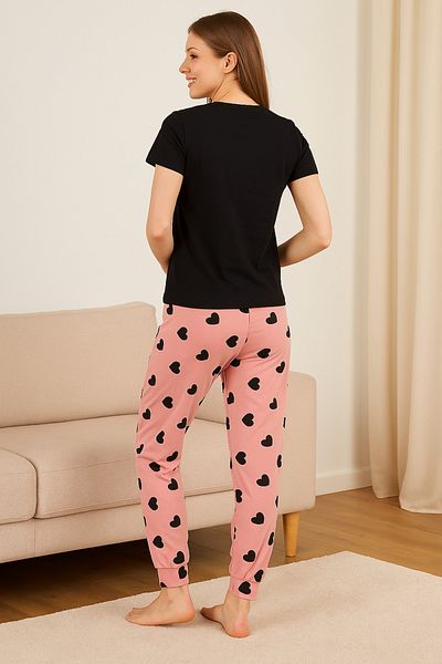FAMESTEKSTİL Women's Black "Dream" Written Pajama Set - Heart Bottom