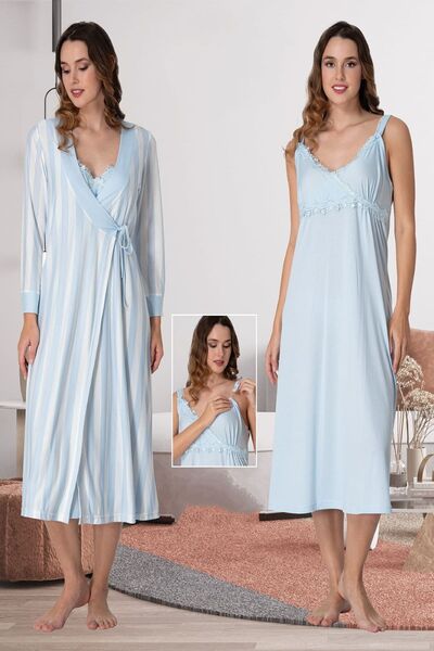 ByLohusa Effortt Maternity Maternity Nightgown Set with Blue Dressing Gown