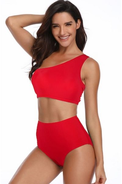 Mixbo - Women's Two-Piece Swimsuit, One Shoulder, High-Waisted Bottom, Red, Size S