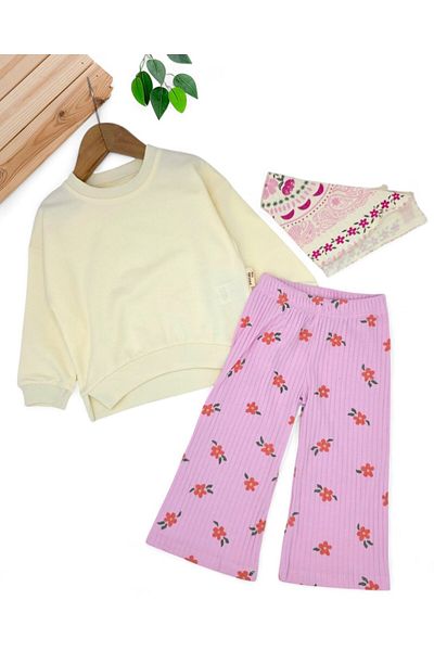 voyyo kids baby Girl's Ethnic Pattern Scarf, Wide Leg Pants 3 Piece Stylish Seasonal Bottom Top Set