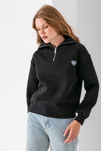 GİYSA Women's Half Zipper Stone Heart Embroidered 3 Thread Sweatshirt Black - 2665