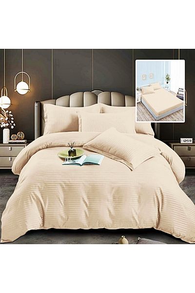 PATONE Damask Polycotton Bed Linen, 6 pieces, fitted sheet, beige