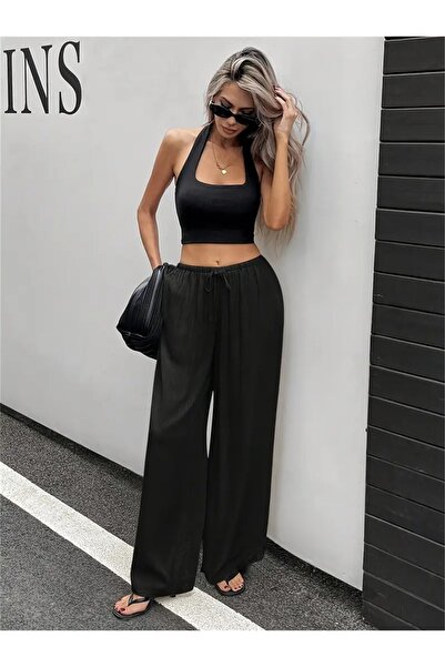 LOSSİA Γυναικείο μαύρο φαρδύ παντελόνι φόρμας μεγάλου μεγέθους, υψηλής ποιότη...