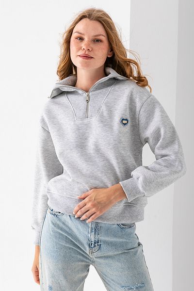 GİYSA Women's Half Zipper Stone Heart Embroidered 3 Thread Sweatshirt Gray - 2665