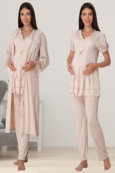 ByLohusa Комплект кафява пижама за бременни Effortt с халат