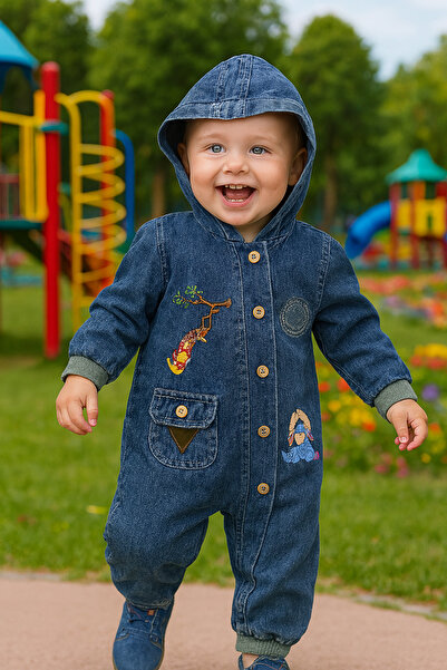 CROCODAYS Unisex Çocuk Bebek Kot (JEANS) Baskılı Kapşonlu Tulum (6/9/12/18) Ay